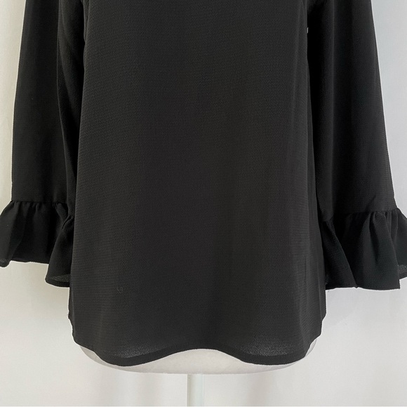 New CeCe Ruffle Cuff 3/4 Sleeve V-Neck Crepe Blouse Rich Black Size XS - Picture 7 of 16
